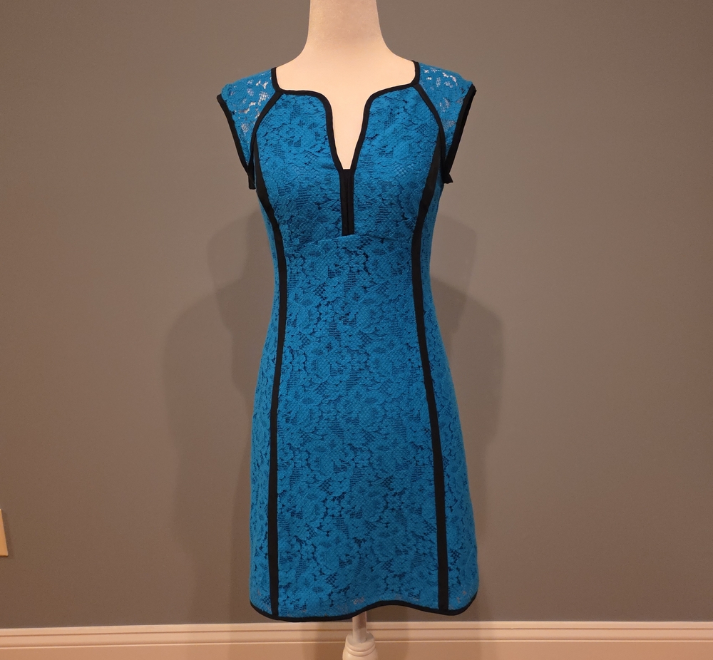 Nanette Lepore Teal Lace Dress with Black Trim Size 0